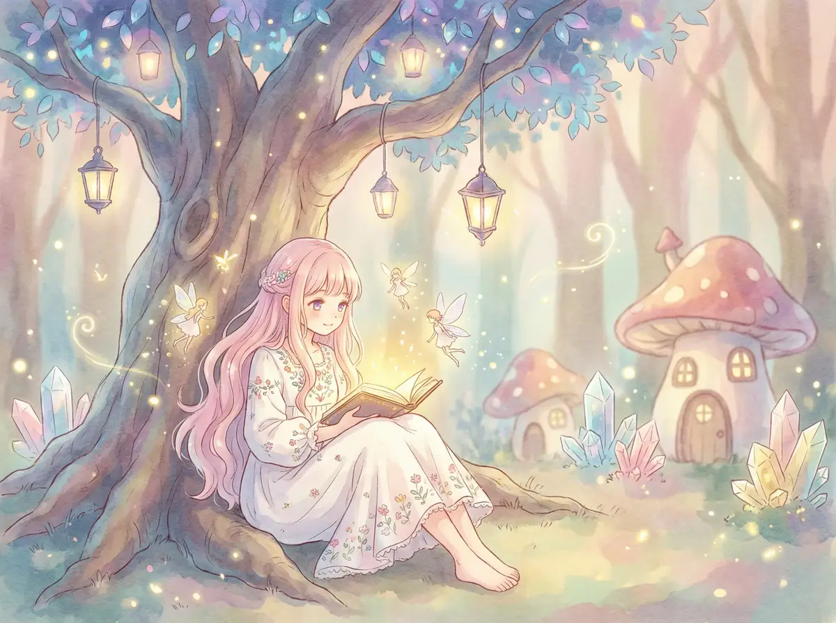 恰似故人归在线观看 - 魔法森林中阅读故事书的粉发少女与精灵